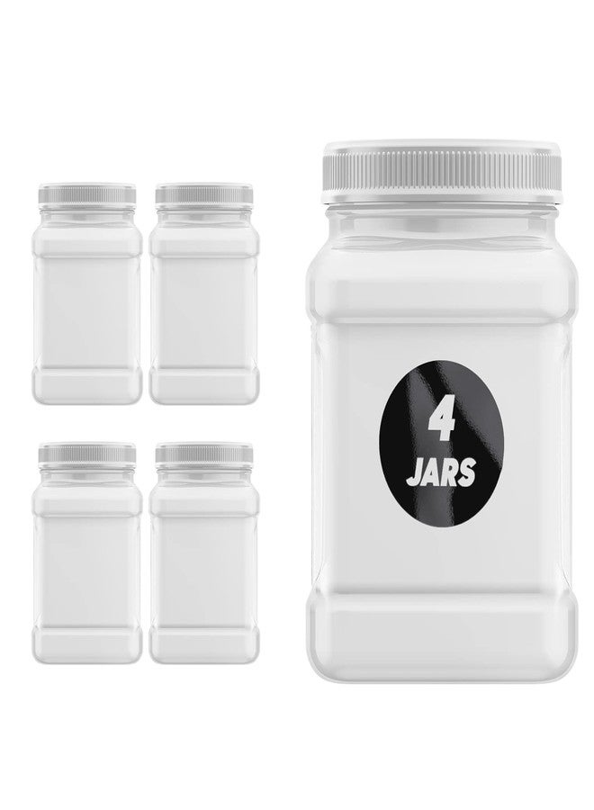 Mountain West Plastic Jars 32 Ounce Square Pinch Handle (4 Pack) Clear PET Plastic Containers With White Ribbed Lids - Image 1